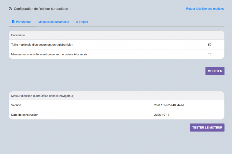 La page de configuration du module