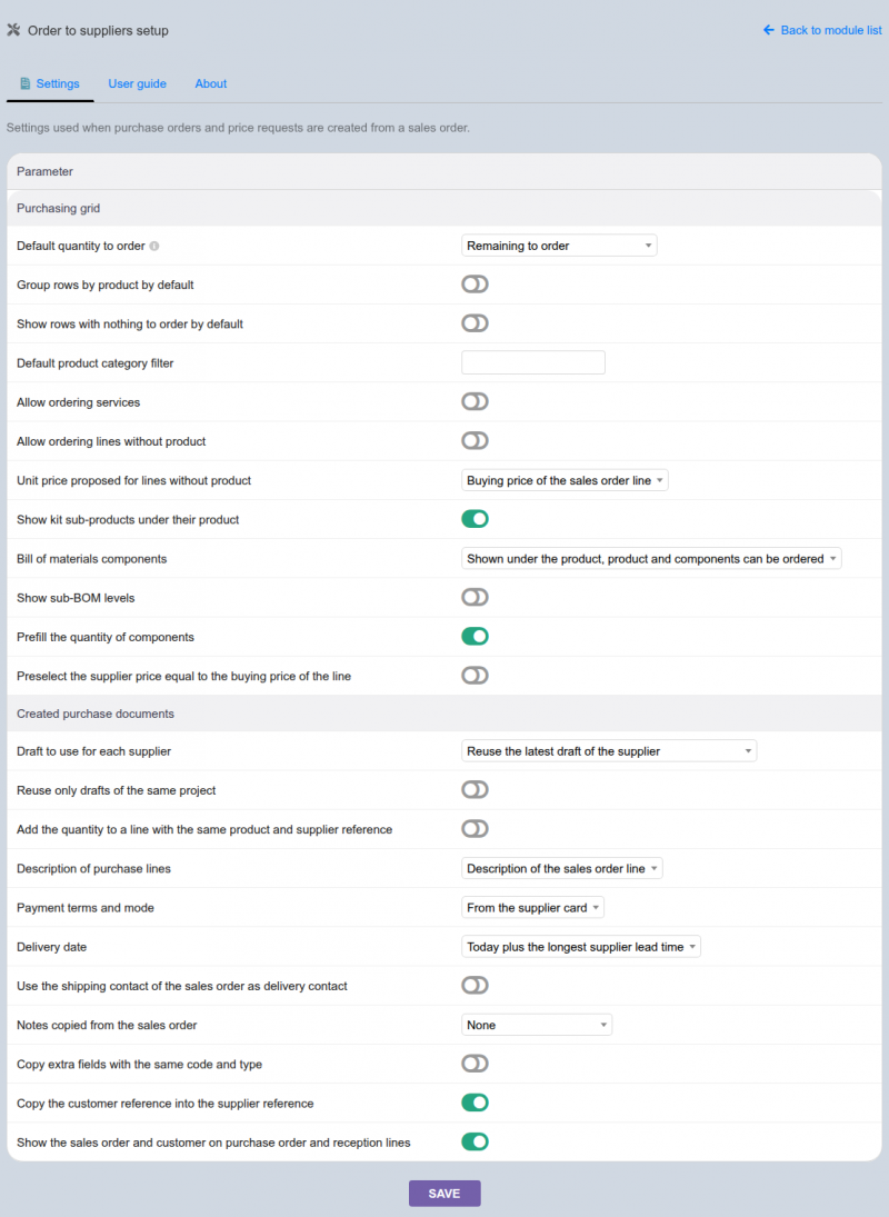 La page de réglages