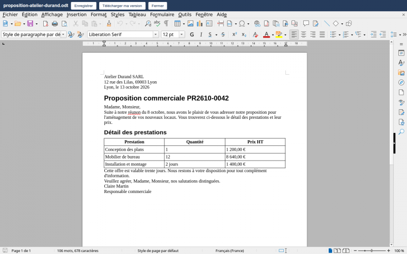 LibreOffice Writer dans Dolibarr, avec la vérification orthographique